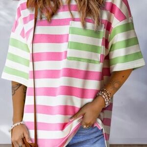  Pink Stripe Contrast Patch Pocket Drop Sleeve T Shirt